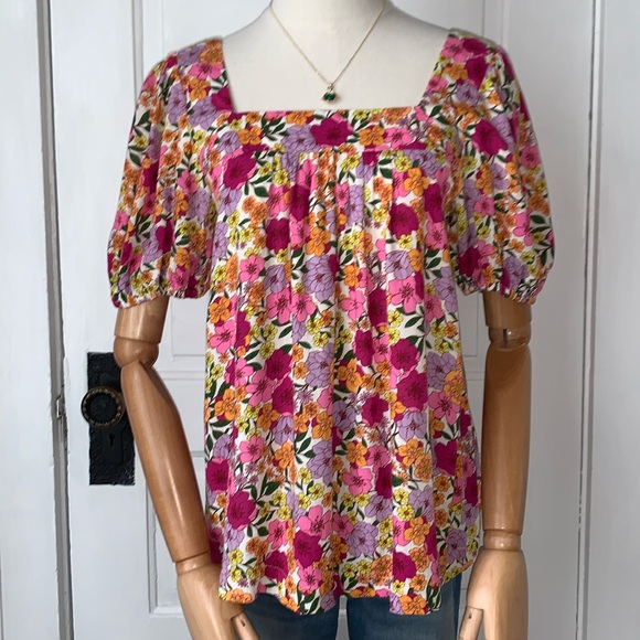 DRAPER JAMES RSVP FLORAL SQUARE NECK BABYDOLL TOP WITH PUFF SLEEVES - Picture 2 of 11